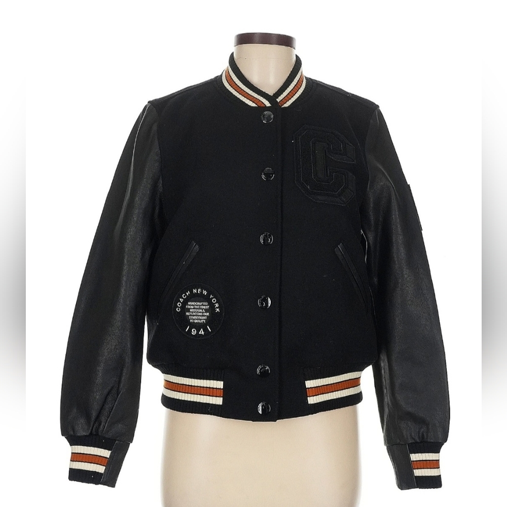 Coach Black Varsity Jacket with Leather Sleeved NWT